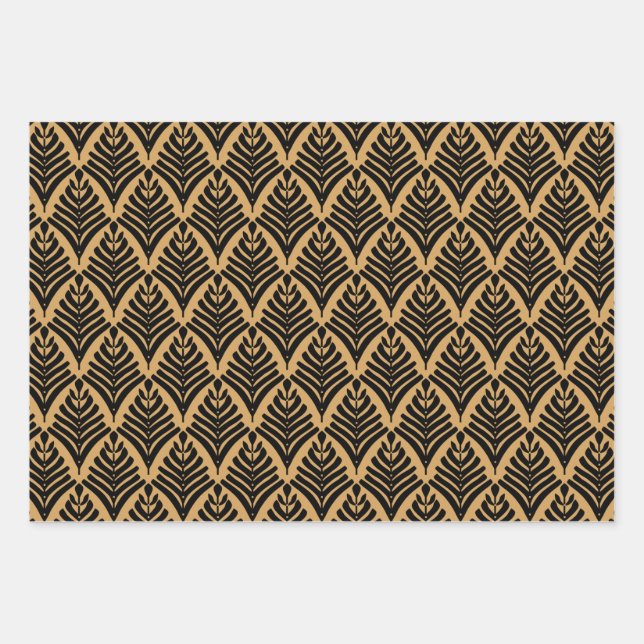 Black and Gold Art Deco Fan Flowers Pattern Wrapping Paper Sheet (Front)
