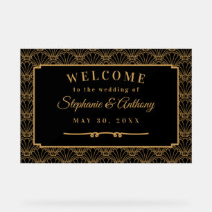 Black and Gold Art Deco Fan Flowers Wedding   Acrylic Sign