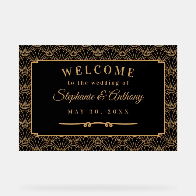 Black and Gold Art Deco Fan Flowers Wedding   Acrylic Sign (Front)
