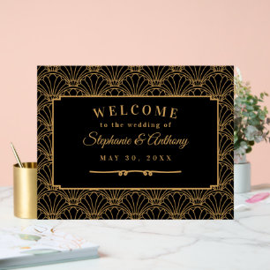 Black and Gold Art Deco Fan Flowers Wedding   Acrylic Sign