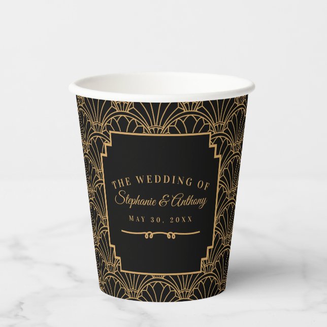 Black and Gold Art Deco Fan Flowers Wedding    Paper Cups (Front)