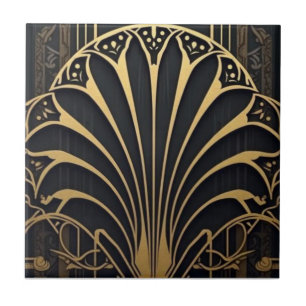 black and gold Art Deco fan pattern  Ceramic Tile