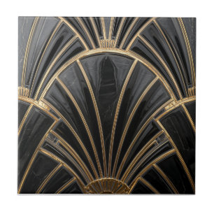 black and gold Art Deco fan pattern Ceramic Tile