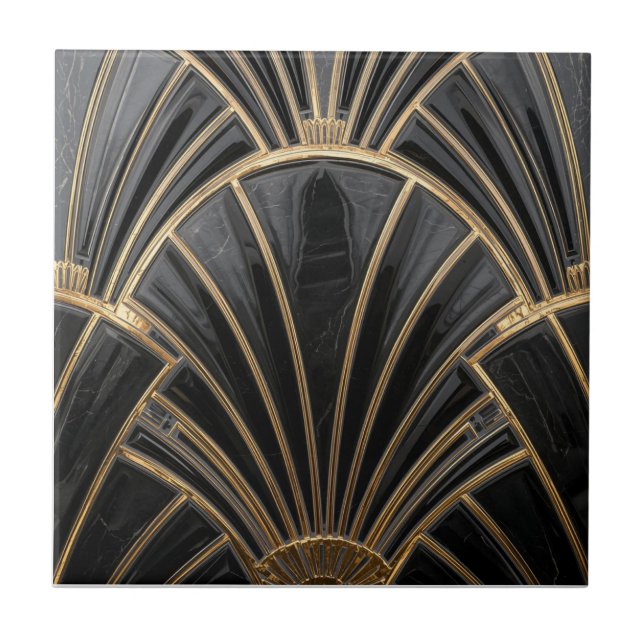 black and gold Art Deco fan pattern  Ceramic Tile (Front)