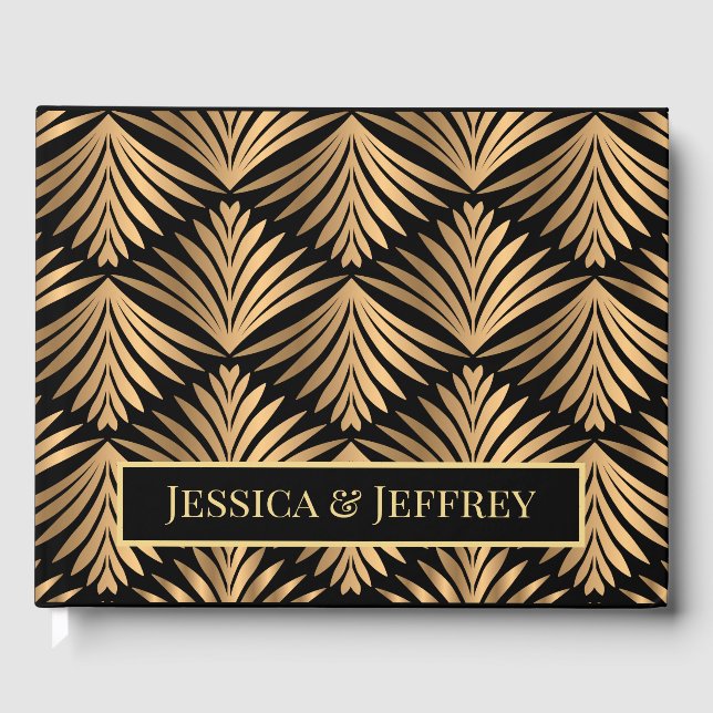 Black and Gold Art Deco Floral Gatsby Wedding Guest Book (Front)