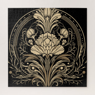 Black and Gold Art Deco Flower Square Jigsaw Puzzle