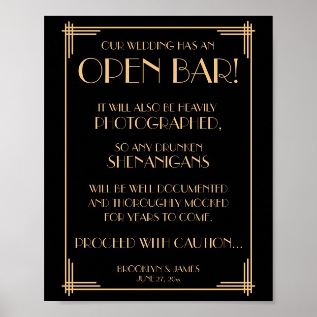 Black And Gold Art Deco Gatsby Open Bar Sign 8x10 (Front)