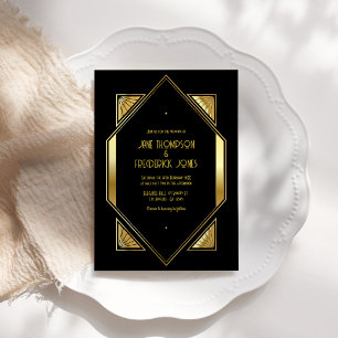 Black and Gold Art Deco Gold Wedding Photo Invitation