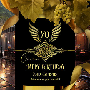 Black and Gold Art Deco Happy Birthday Wine Label