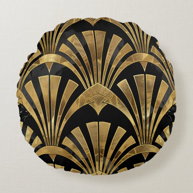 Black and gold art deco luxury pattern round cushion (Front)