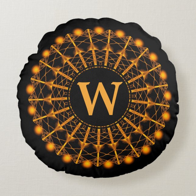 Black and Gold Art Deco Mandala - Personalised Round Cushion (Front)
