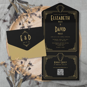 Black And Gold Art Deco Monogram QR Code Wedding All In One Invitation