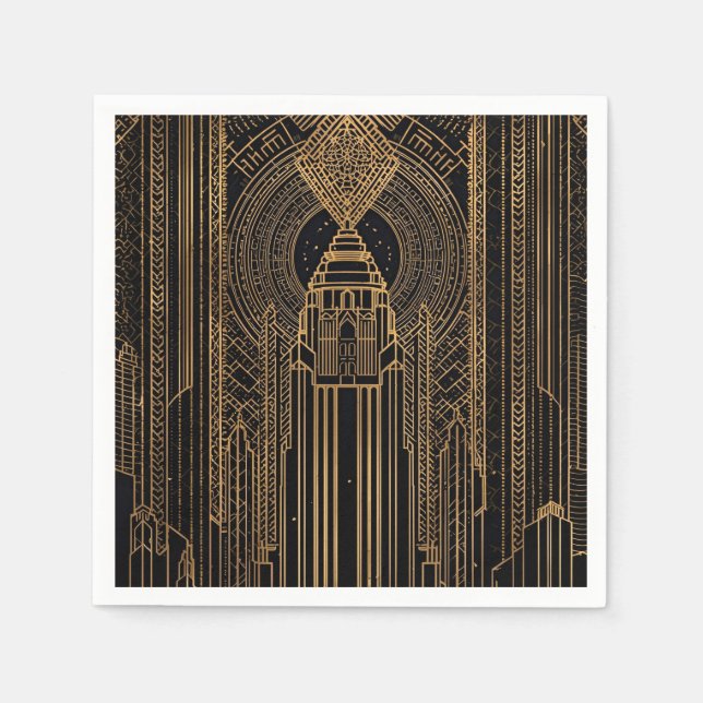 Black and Gold Art Deco Paper Napkin (Front)