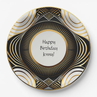 Black and Gold Art Deco Paper Plates Personalised