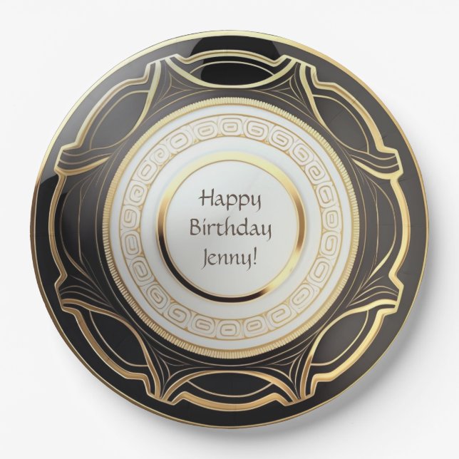 Black and Gold Art Deco Paper Plates Personalised (Front)