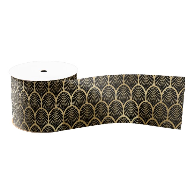 Black and Gold Art Deco Pattern  | Palm Leaf Mofit Grosgrain Ribbon (Spool)