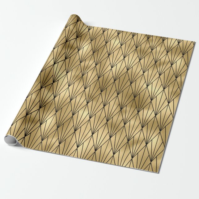 Black and Gold Art Deco Pattern Wrapping Paper (Unrolled)