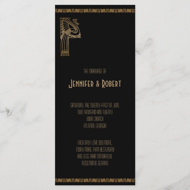 Black and Gold Art Deco Peacock Wedding Program (Front)