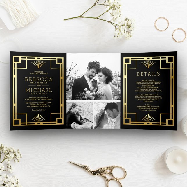 Black and Gold Art Deco Photo Collage Wedding Tri-Fold Invitation (Creator Uploaded)