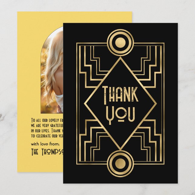 Black and Gold Art Deco Photo Thank You Card (Front/Back)