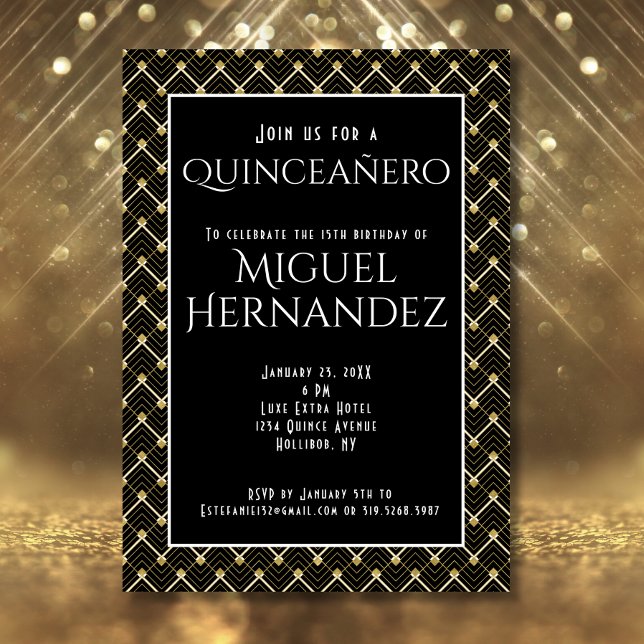 Black and Gold Art Deco Quinceañero 15th Birthday Invitation (Creator Uploaded)