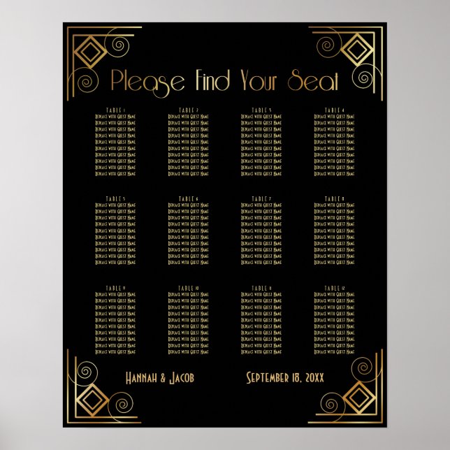 Black and Gold Art Deco Reception Seating Chart (Front)
