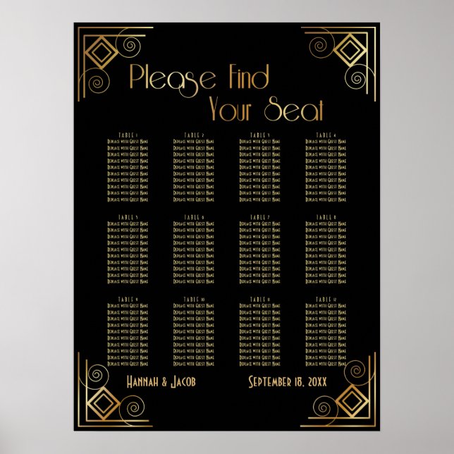 Black and Gold Art Deco Reception Seating Chart (Front)