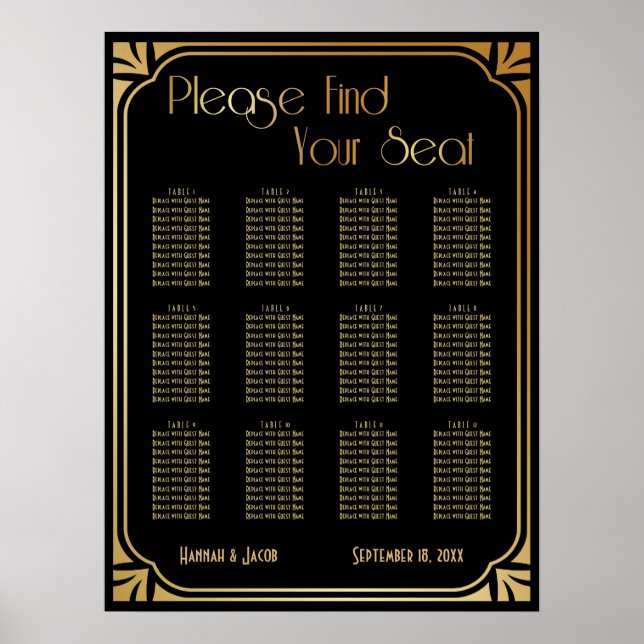 Black and Gold Art Deco Reception Seating Chart (Front)