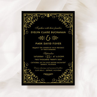Black and Gold Art Deco Scrollwork Wedding Invitation