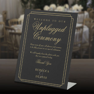 Black And Gold Art Deco Unplugged Wedding Ceremony Pedestal Sign