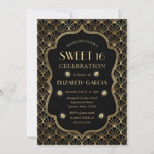 Black and Gold Art Deco Vintage Frame Sweet 16 Invitation