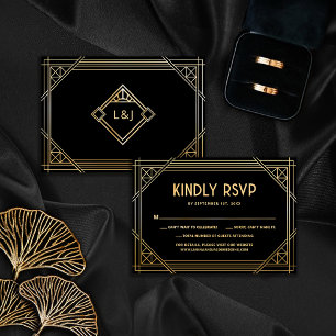 Black and Gold Art Deco Wedding Monogram RSVP Card