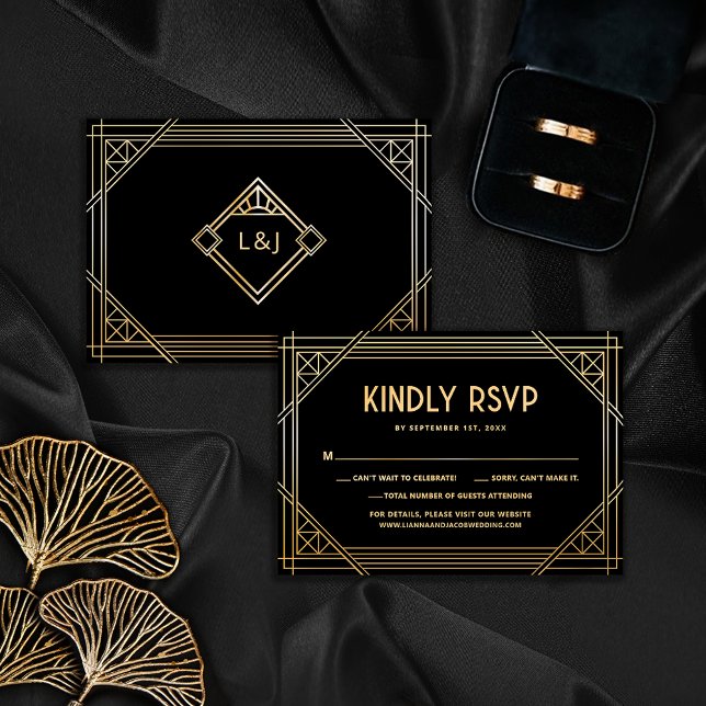 Black and Gold Art Deco Wedding Monogram RSVP Card (Creator Uploaded)