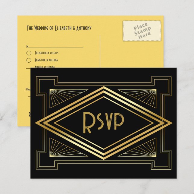 Black and Gold Art Deco Wedding RSVP QR Code Postcard (Front/Back)