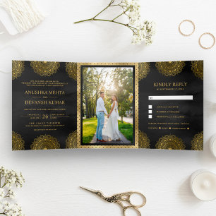Black and Gold Asian Mandala Indian Wedding Tri-Fold Invitation