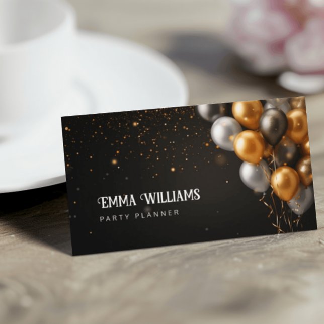 Black and Gold Ballons Party Planner Business Card (Creator Uploaded)