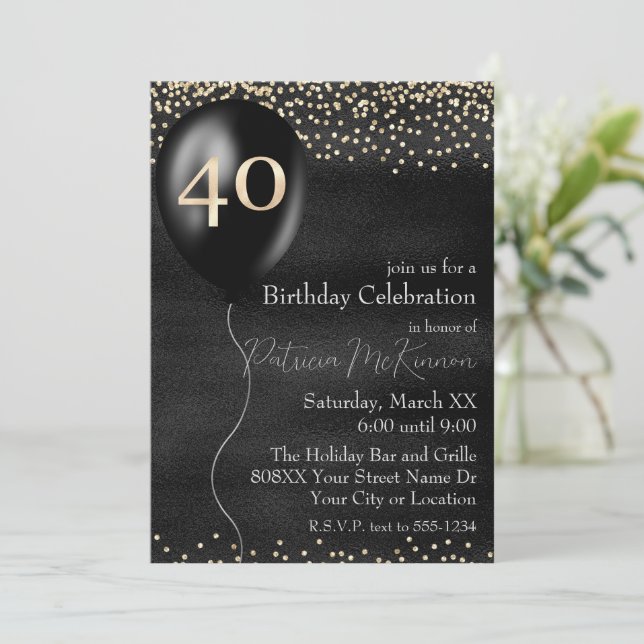 Black and Gold Balloon 40th Birthday Invitation (Standing Front)