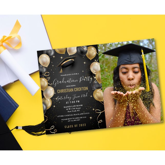 Black and Gold Balloon Graduation Party Invitation (Creator Uploaded)
