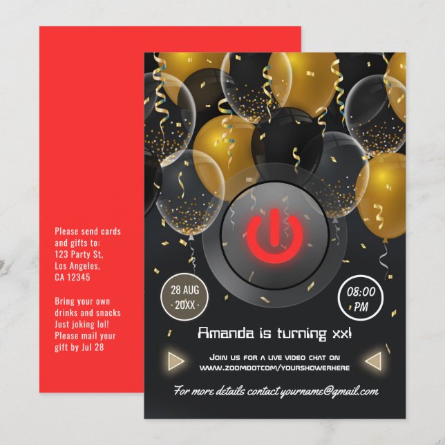 Black and Gold Balloon Virtual Birthday Party Invitation (Front/Back)
