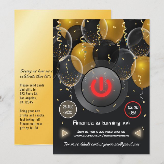 Black and Gold Balloon Virtual Birthday Party Invitation (Front/Back)