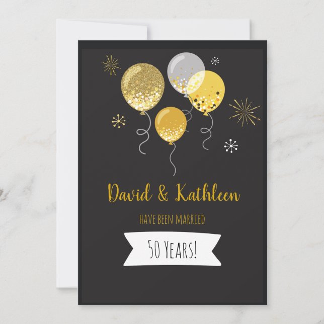 Black and Gold Balloons 50th Anniversary Party Invitation (Front)