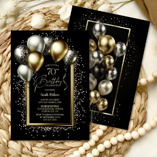 Black and Gold Balloons 70th Birthday Party Invitation