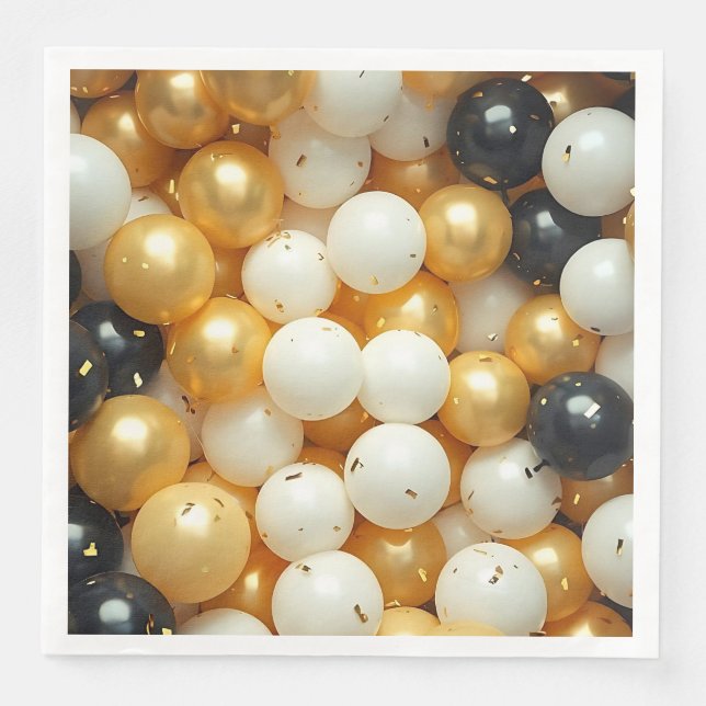 Black and Gold Balloons Anniversary Napkin (Front)
