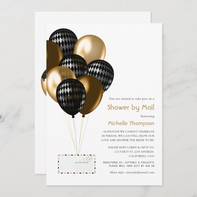 Black and Gold Balloons Bridal Shower by Mail Invitation (Front/Back)