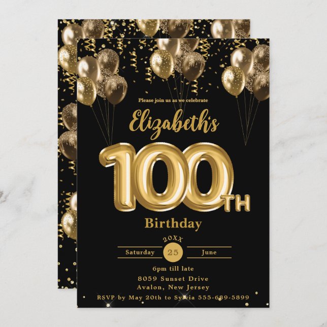 Black and Gold Balloons Confetti 100th Birthday  Invitation (Front/Back)