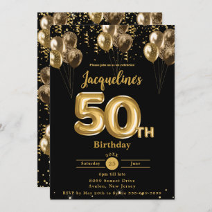 Black and Gold Balloons Confetti 50th Birthday  Invitation