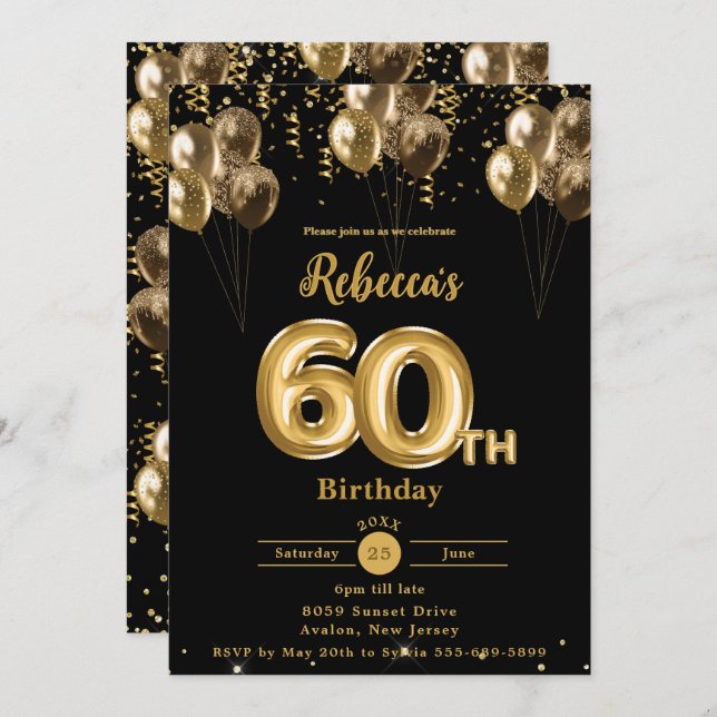 Black and Gold Balloons Confetti 60th Birthday  Invitation (Front/Back)