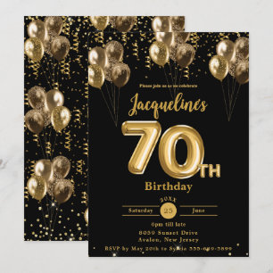 Black and Gold Balloons Confetti 70th Birthday Invitation