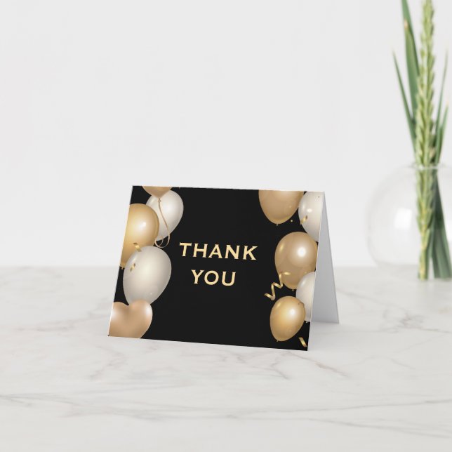 Black and Gold Balloons Confetti Thank You Card (Front)