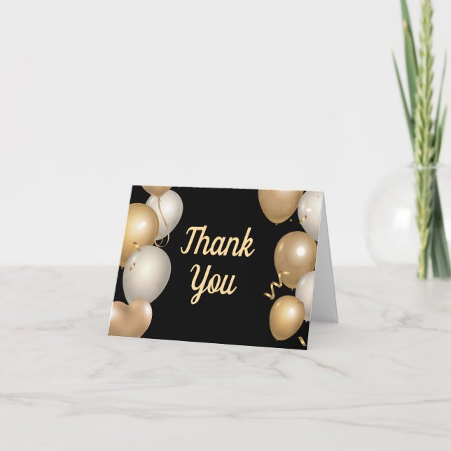 Black and Gold Balloons Confetti Thank You Card (Front)